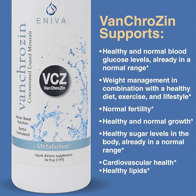 Eniva Health VANCHROZIN Liquid Ionic Minerals Supplement Vanadium Chromium &amp Zinc Diabetic Friendly 16 Fl Oz 96 Servings