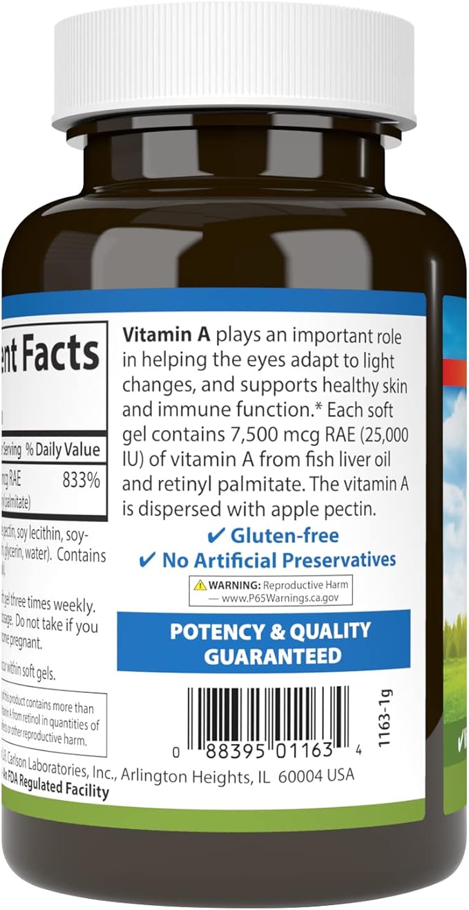 Carlson - Vitamin A 25000 IU (7500 mcg RAE) with Pectin Vision Health Helps Night Vision Skin Health 300 Softgels