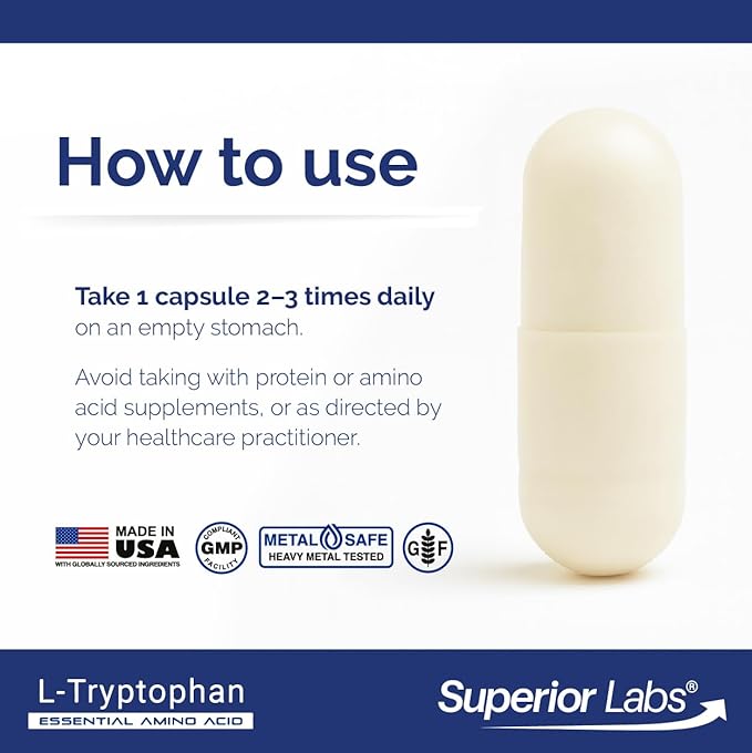 Superior Labs L-Tryptophan 500 mg Capsules Pure Non-GMO Amino Acid High Absorption Supports Sleep and Mood Helps with Occasional Stress PMS Support 120 Veg Caps