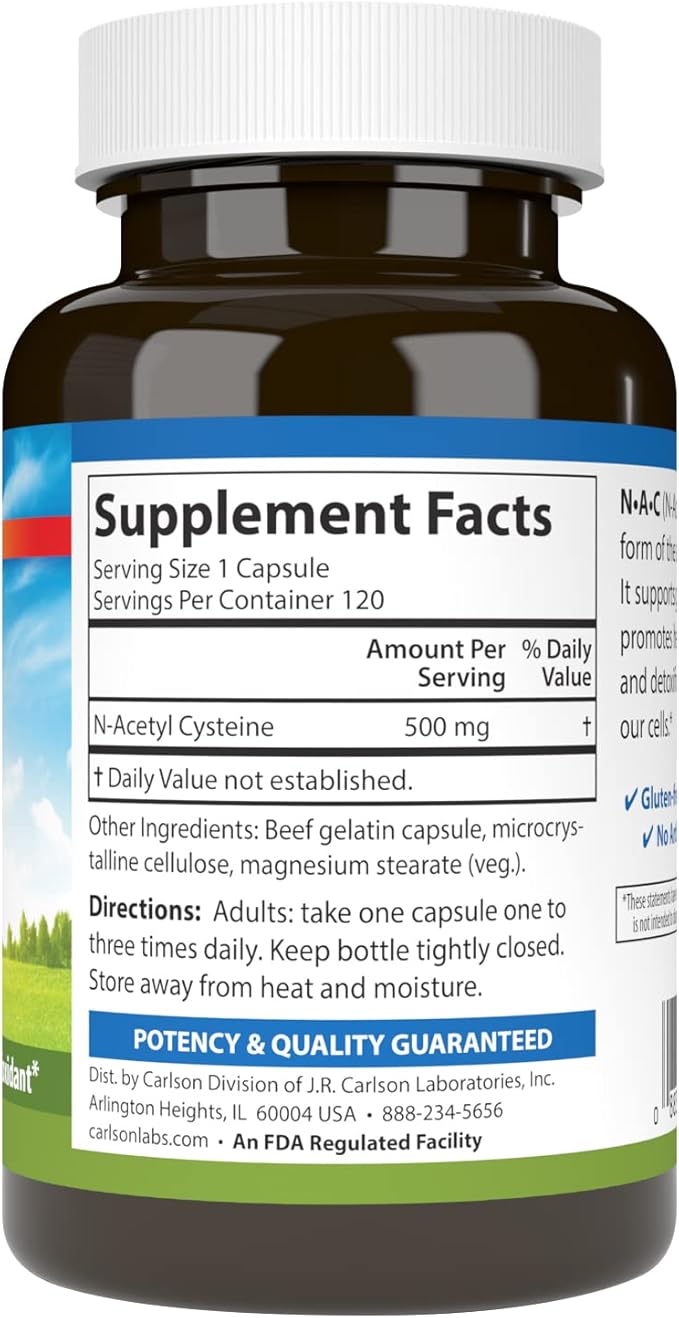 Carlson - NAC N-Acetyl Cysteine 500mg Liver Health Immune Function Antioxidant 120 Vegetarian Capsules (Pack of 2)