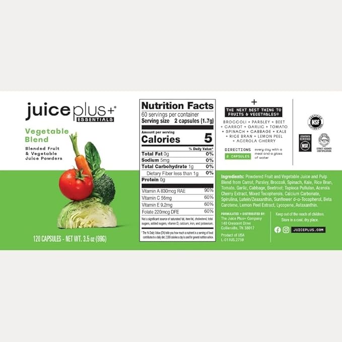 Juice Plus+ Vegetable Blend: with Broccoli Parsley Tomato &amp More - Plant-Based Vegan Gluten-Free Non-GMO Kosher - for Heart Immune Cognitive &amp Skin Health - 1 Bottle (60 Servings)