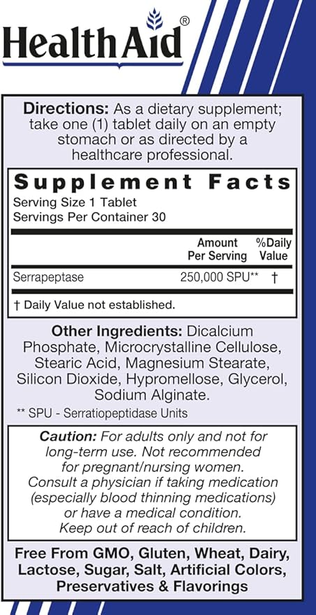HealthAid Serrapeptase 250000 SPU – Extra High Potency Once-Daily Enteric-Coated Vegan Tablets | Delayed-Release Proteolytic Enzyme for Systemic Enzyme Support
