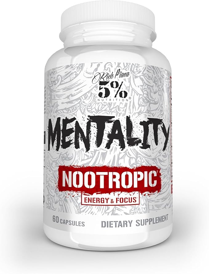 5% Nutrition Rich Piana Mentality Nootropic Blend | Brain Booster Supplement for Performance Memory Mental Clarity | Ginseng Ginkgo L-Theanine Choline Huperzine 60 Capsules (30 Day Supply)