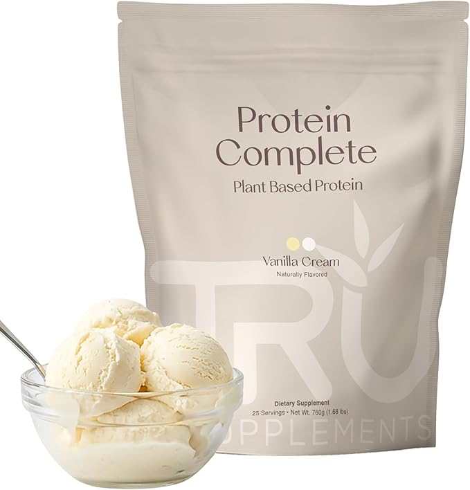 TRU Supplements Plant Based Protein Powder BCAA EAA 20g Vegan Brown Rice &amp Pea Protein 100 Calories 27 Vitamins No Artificial Flavors 25 Servings (Vanilla Cream)