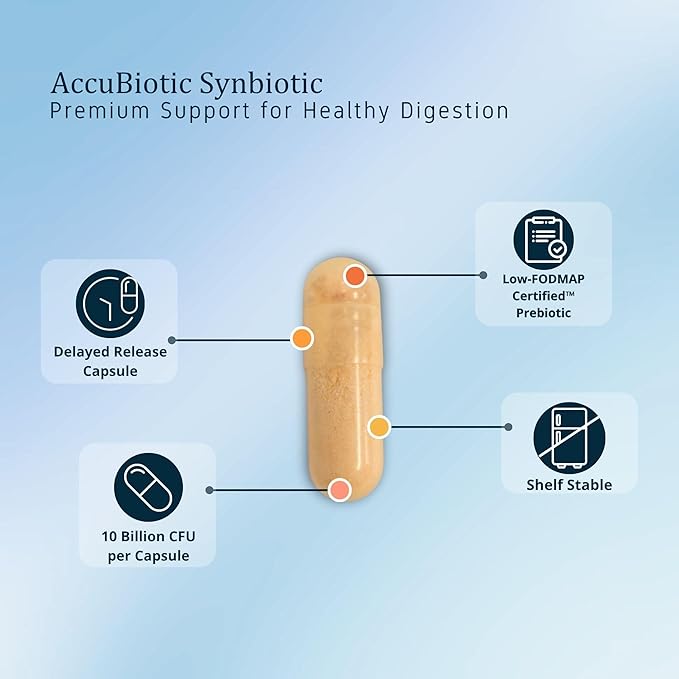AccuBiotic Synbiotic 10 Billion CFU - Probiotic + Low FODMAP Prebiotic - Supplement for Digestive Immune &amp Gut Health - Supports Occasional Gas &amp Bloating - Shelf-Stable - for Women &amp Men