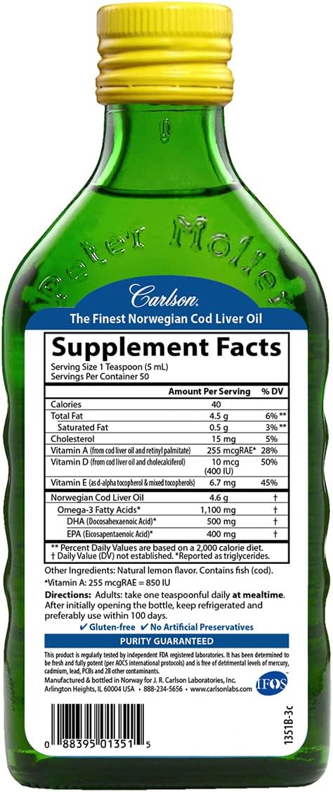 Carlson - Cod Liver Oil 1100 mg Omega-3s Liquid Fish Oil Supplement Wild-Caught Norwegian Arctic Sustainably Sourced Nordic Liquid Lemon 250 ml