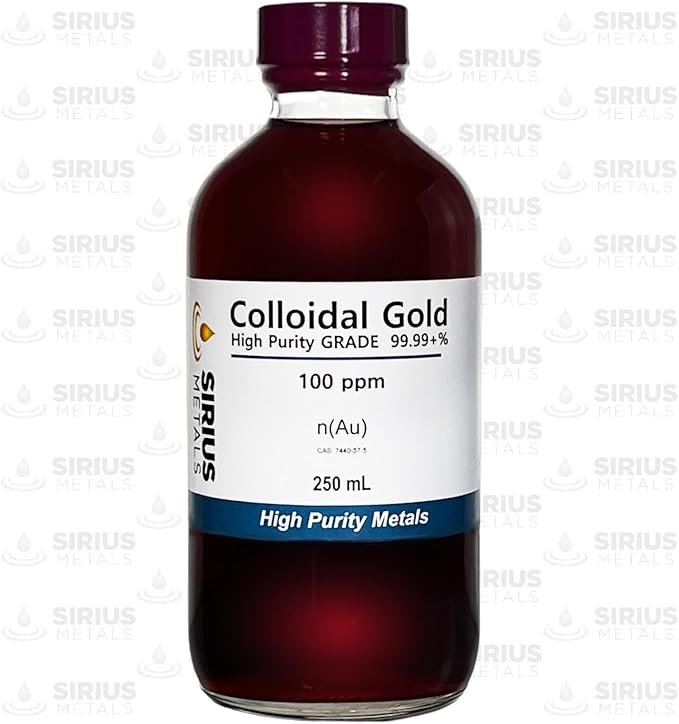 True Colloidal Gold (100 ppm) - 99.99+% Purity - 250 mL (8.45 Fl Oz) in a Clear Glass Bottle