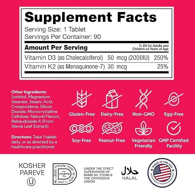Zahler - Junior Vitamin D3 + K2 Chewable Tablets for Kids| Vitamin D for Kids 2000 IU | Delicious Vitamin D K2 Chews to Support Healthy Bones &amp Teeth - Kosher Less Sugar Than Gummies (2 Pack)
