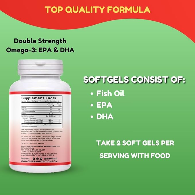 SHIFAA NUTRITION Halal Fish Oil Softgels 120 Ct Double Strength - Halal Omega 3 Fish Oil Supplements. Wild Caught Non-GMO &amp Purified
