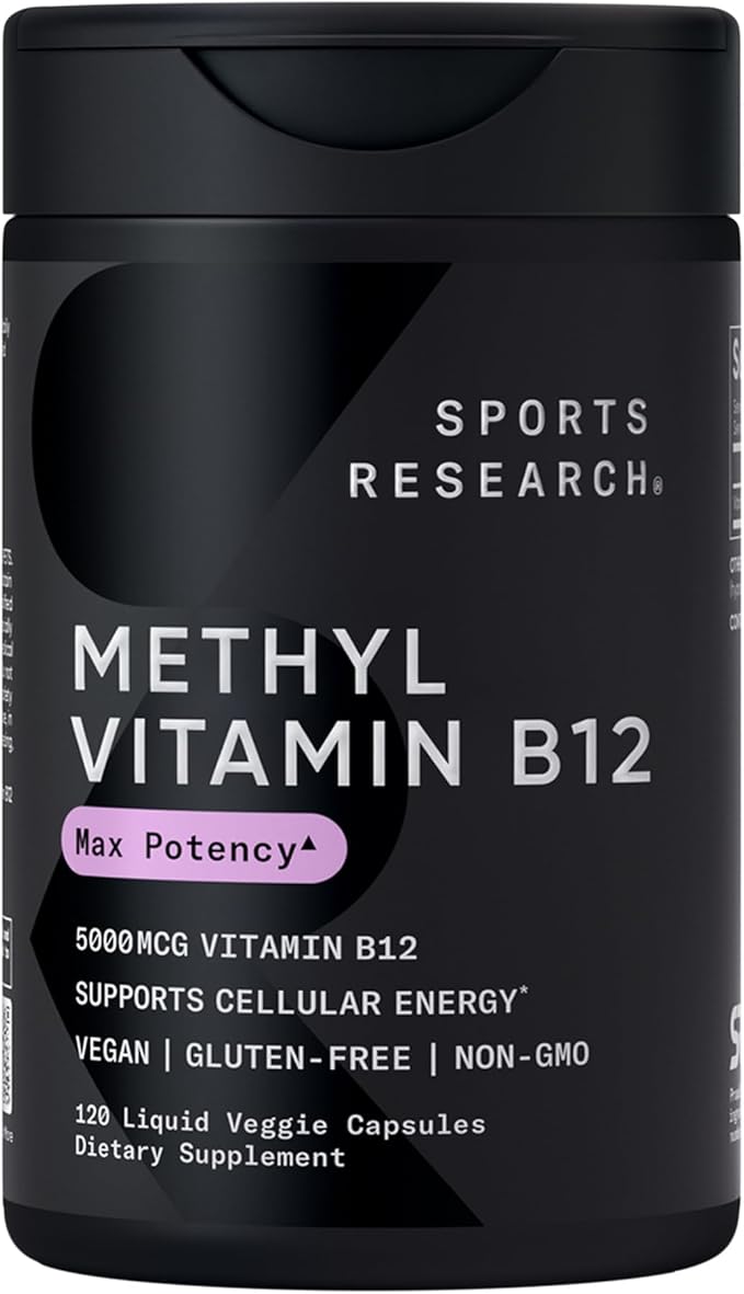 Sports Research® Celular Energy Pack - Plant Based Vitamin B12 as Methylcobalamin 5000mcg + CoQ10 100mg Enhanced w/Coconut Oil &amp Bioperine + High-Absorption Magtein® 2000mg