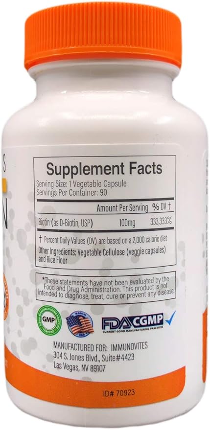IMMUNOVITES 3-Pack High Dose Biotin (as d-Biotin USP) 100mg (Equivalent to 100000mcg) 90 Capsules High Potency (3)