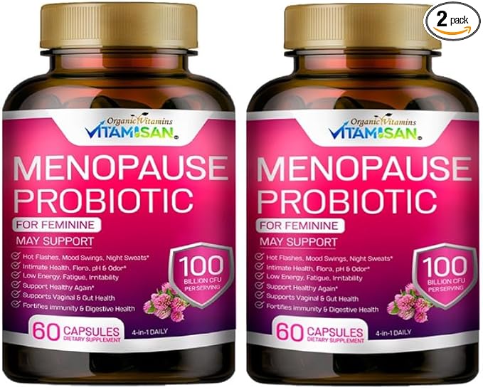 VITAMISAN Menopause Support Probiotic 2 Pack – 100 Billion CFU with Black Cohosh &amp Ashwagandha – Hormone-Free Prebiotics &amp Probiotics for Women – Feminine Care pH Balance &amp Mood Support