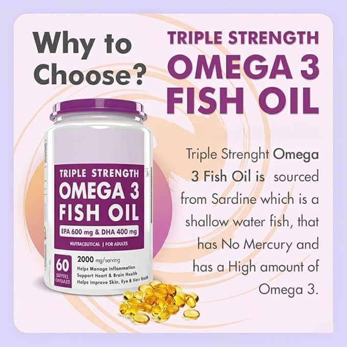 Omega 3 Fish Oil | Omega 3 Fish Oil Capsules for Women and Men | Triple Strength Fish Oil | Burpless EPA 600 - DHA 400 Supplement 60 Softgel Capsules
