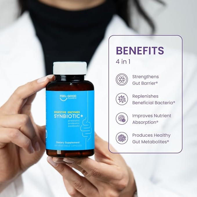 Feel Good Digestive Enzymes 4-in-1 Synbiotic+ – with Prebiotics Probiotics &amp Postbiotics – Gut Health Digestion &amp Bloating Relief – Pharmacist Formulated for Adults