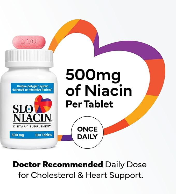 Slo-Niacin Slow Release Niacin 500mg – Vitamin B3 Supplement for Heart Wellness – Flush-Free B3 Vitamins for Cholesterol &amp Cardiovascular Support – 100 Tablets