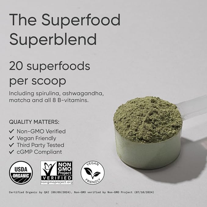Sports Research® Organic Greens Superfood Powder w/Spirulina Chlorella Adaptogens Enzymes Probiotics &amp 8 VIT Bs for Gut &amp Mood Support* - Vegan Sugar-Free &amp Low-Cal Pineapple Coconut