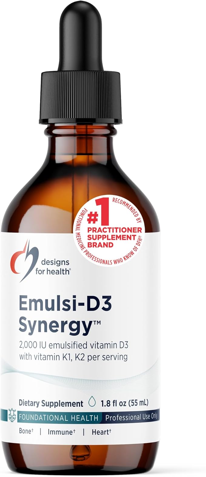 Designs for Health Emulsi-D3 Synergy 2000 IU Vitamin D Liquid with Vitamin K - Emulsified Liquid D3 K2 Drops for Immune System Support &amp Bone Health - Gluten-Free + Non-GMO (55 Servings / 1.8oz)