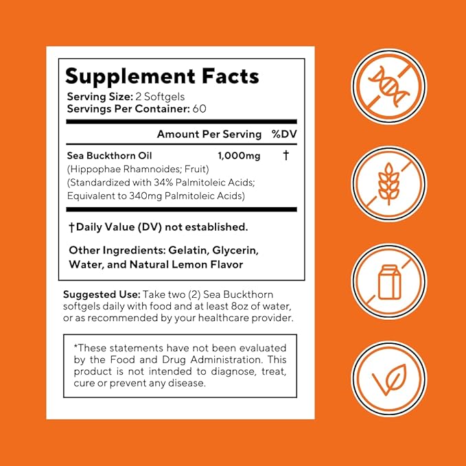 Omega 7 Sea Buckthorn Berry Oil 1000mg for Hair Skin Nails Heart Health Support - 34% Palmitoleic Acid &amp Natural Omega 3 6 9 Fatty Acids Supplement - 120 Capsules Non-GMO Gluten-Free