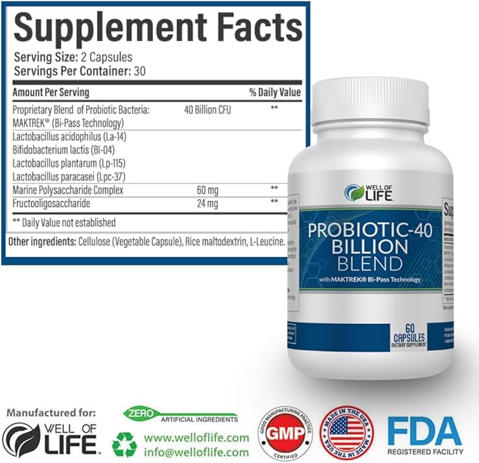 Well of Life Probiotic-40 Billion: Helps Gut Health &amp Digestive Support. 4 Strain Blend 40 Billion CFU. Enhances Nutrient Absorption Metabolism. 60 Capsules. Non-GMO Made in USA.