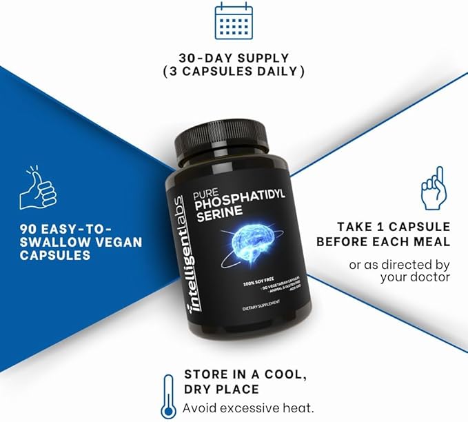 Intelligent Labs Phosphatidylserine Supplement 100mg 90 High Strength Capsules 100% Soy and Allergen-Free Pure Phosphatidylserine from Sunflower Lecithin