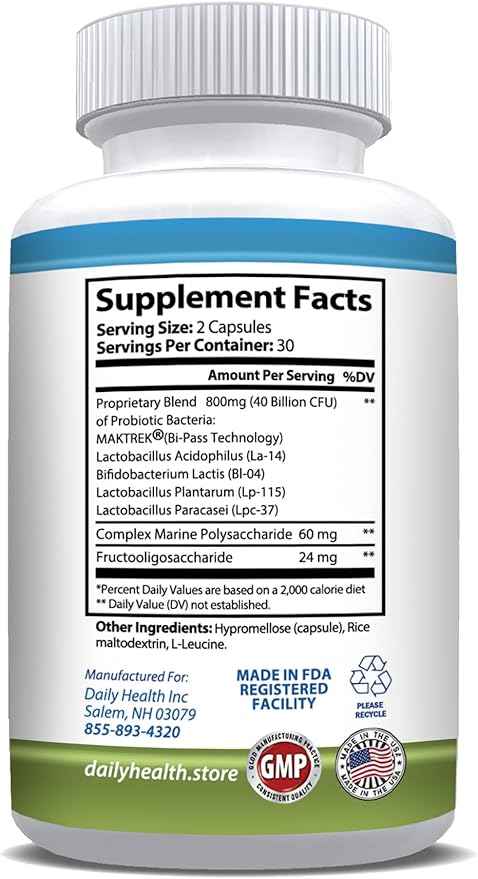 Daily Probiotic 40 Billion CFU MakTrek Bi-Pass Technology Digestion Immune Health 180 Veggie Capsules