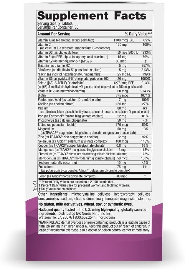 Nordic Naturals Prenatal Multivitamin for Women - Daily Vegetarian Prenatal Vitamins - 22 Essential Nutrients Including B6 Folate and Iron - 60 Tablets - 30 Servings