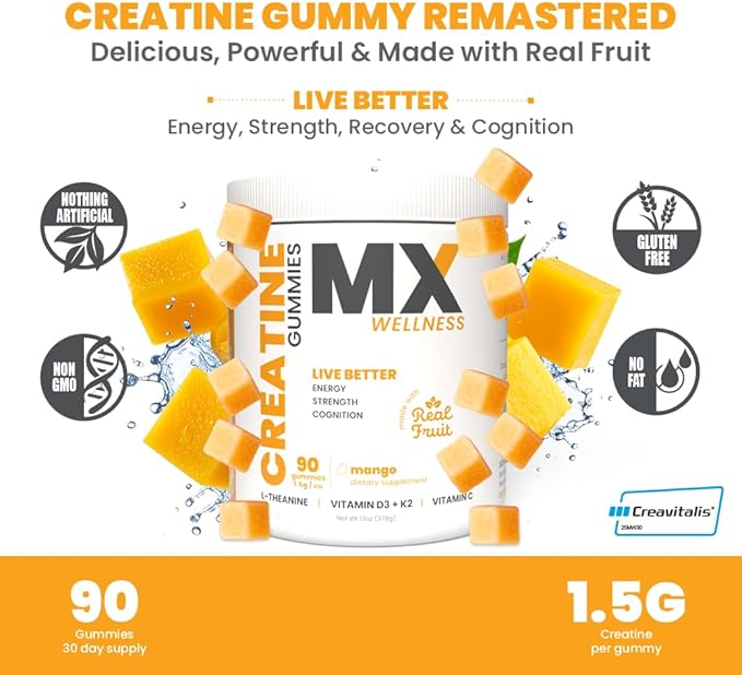 Creatine Monohydrate Gummies for Men &amp Women – Real Fruit Gummy Supplement for Muscle Growth Recovery Longevity Cognitive Health &amp Memory – 90 Chews (90 Gummies Mango)