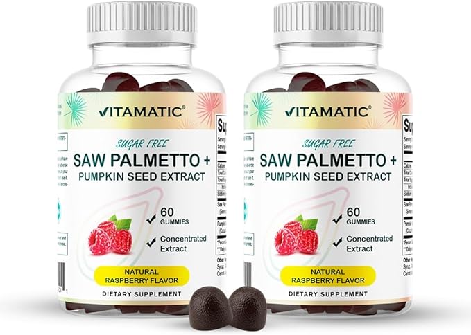 Vitamatic Pumpkin Seed &amp Saw Palmetto Gummies – Sugar-Free Botanical Extract – Natural Raspberry Flavor – Vegan Non-GMO Plant-Based Gummies – 60 Count - 2 Pack (120 Count)
