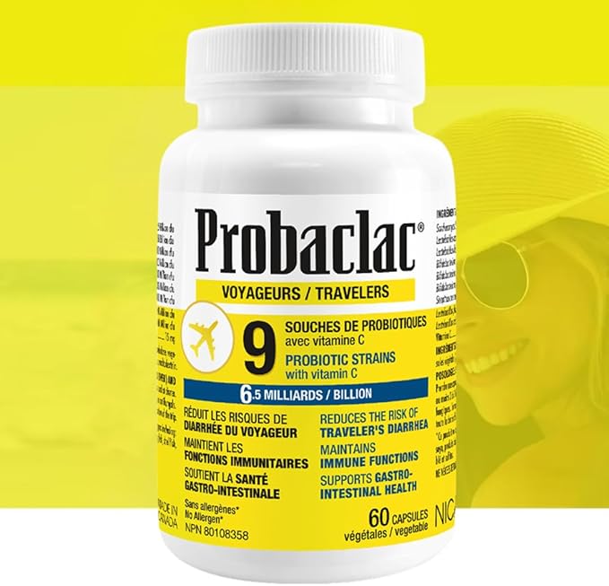 Probaclac Natural Travelers Probiotics Reducing Risk of Diarrhea Contains Vitamin C Immune Support Gluten Free Travel Size Vacation Cruise and Airplane Travel Essentials Vegan 60 Capsules