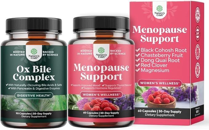 Bundle of Digestive Enzymes with Ox Bile Supplements for No Gallbladder for Pancrease Cleanse &amp Detox and Herbal Menopause Supplement - Female Hormone Balance for Night Sweats Hot Flashes Mood Swi