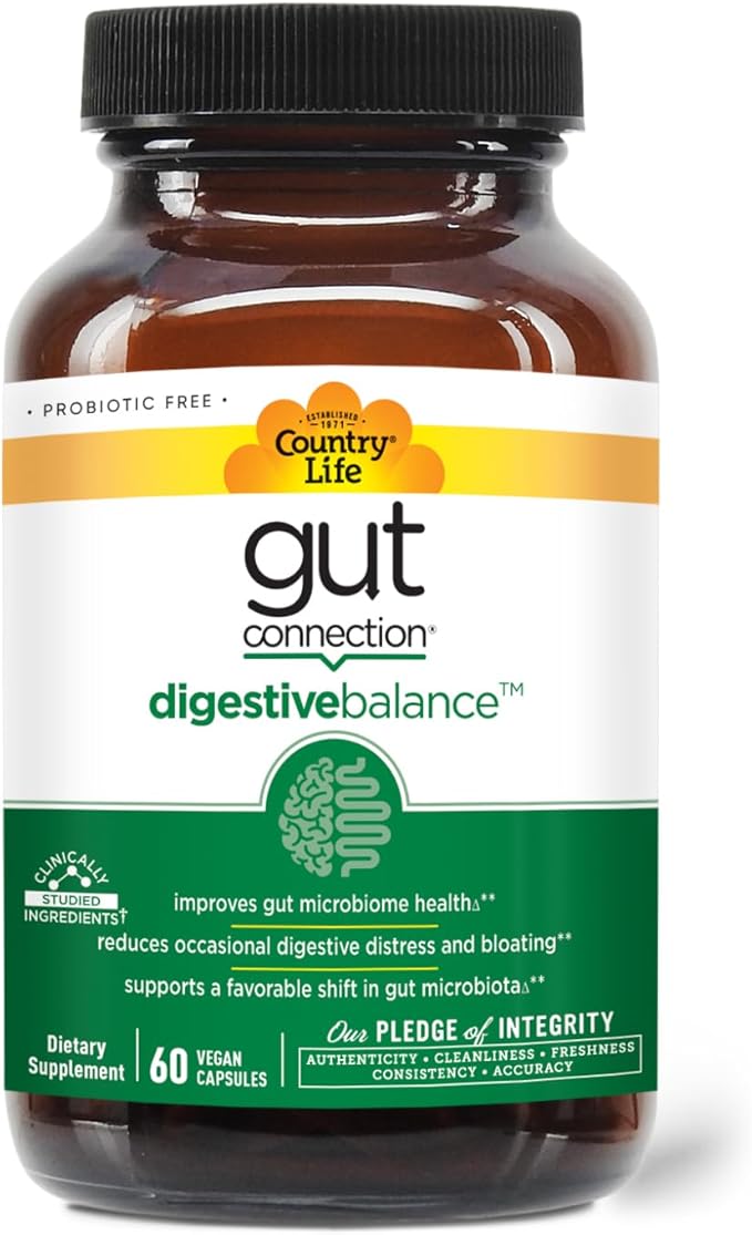 Country Life Gut Connection Digestive Balance – Prebiotic &amp Digestive Enzyme Supplement for Gut Health Bloating Relief and Improved Bowel Movements – Gluten-Free Vegan Non-GMO 60 Capsules