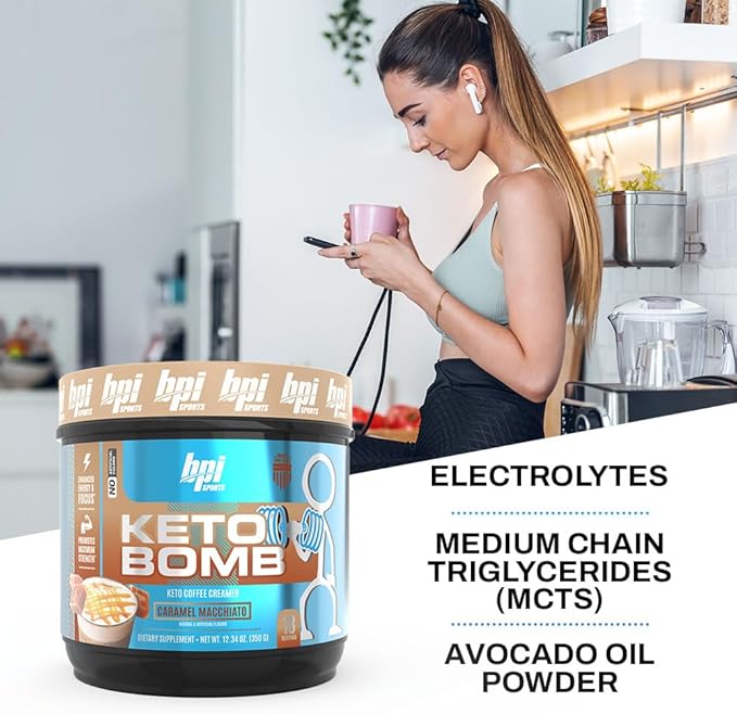 BPI Sports Keto Bomb Coffee Creamer - Supports Energy and Hydration - MCT and Electrolytes - with Calcium - Caramel Macchiato 18 Servings