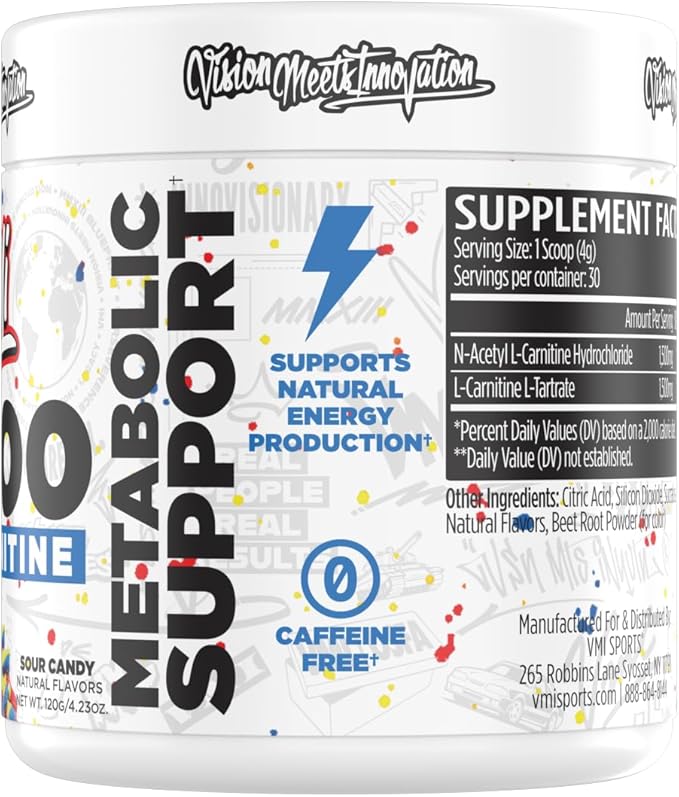VMI Sports L-Carnitine 3000 Powder | 3000 mg L-Carnitine | Metabolic Support Maximum Absorption Formula | Great Taste for Men &amp Women | 30 Servings (30 Servings Sour Candy)