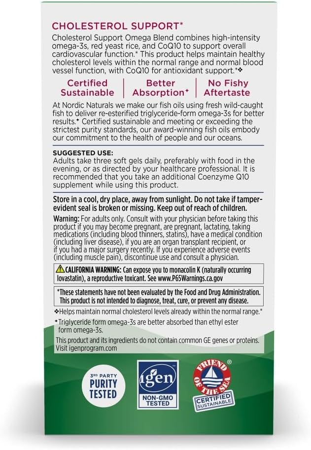 Nordic Naturals Cholesterol Support Lemon - 60 Soft Gels - 975 Omega-3 + Red Yeast Rice &amp CoQ10 - Normal Cholesterol Antioxidant Support - EPA &amp DHA - Non-GMO - 20 Servings