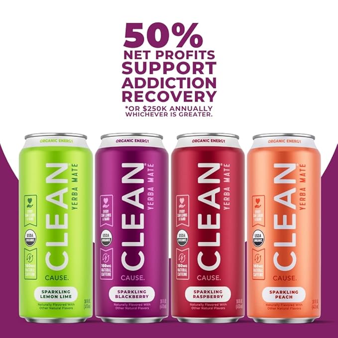 NEW! CLEAN Cause Non-Carbonated Variety Pack &amp Low Calorie Low Sugar Variety Pack USDA Organic Yerba Mate Tea (15.5oz cans 2-12-Pack Case) 160mg Caffeine