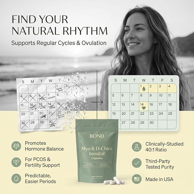 BOND Myo-Inositol &amp D-Chiro Inositol Supplement for Women | Supports PCOS &amp Hormone Balance Ovulation &amp Regular Cycles – 40:1 Ratio | Fertility Supplements for Women | 90 Vegan Capsules (
