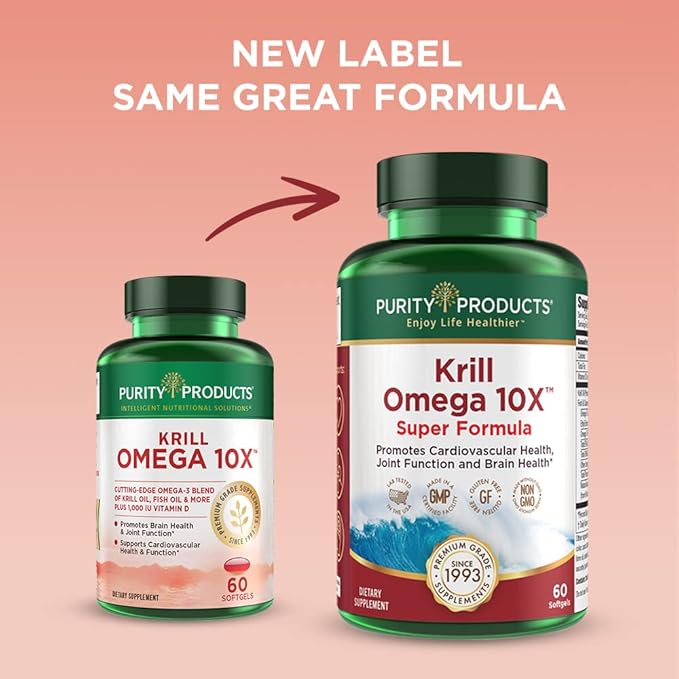 Purity Products Krill Omega-3 10x More EPA and DHA Super Formula Premium PhosphoBoost Krill Oil + Astaxanthin - Supports Joint Comfort + Flexibility - No Fish Burps LemonLock System - 60 SoftGels