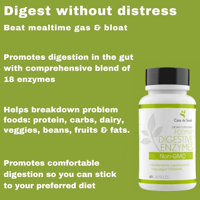 Casa de Sante FODMAP Digestive Enzymes No High Inulin Keto Carnivore Intolerance Support 18 Multi Enzyme Amylase Bromelain Lipase Lactase Protease Papain Alpha galactosidase More - No GMO