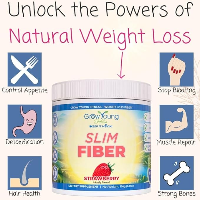 Grow Young Fitness Slim Fiber Supplement - Strawberry Fiber Powder for Digestive Support and Managing Cravings (1 Container 30 Servings)