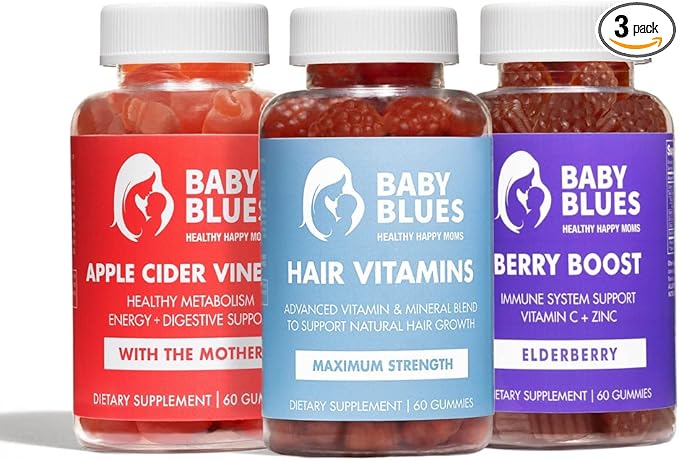 Baby Blues Postpartum Pack (Pack of 3) - Vitamin Kit for New Moms: Hair Energy and Immunity Support - Assorted Flavors - Non GMO Gluten-Free Supplements