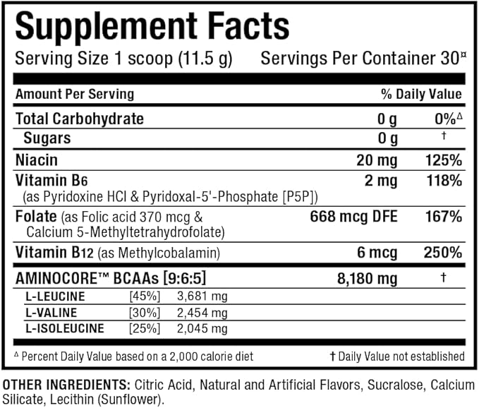 ALLMAX AMINOCORE BCAA Powder for Workout Muscle Recovery &amp Increased Endurance - Sugar Free No Fillers 8.18 Grams Bcaas Amino Acids B Vitamins for Women and Men - 30 Servings | Sweet Tea 345g