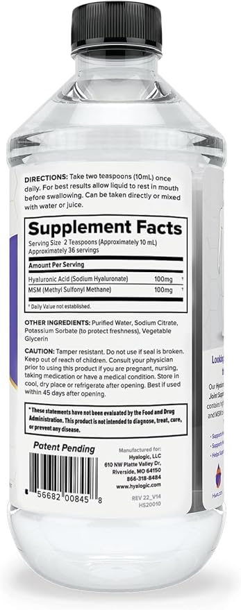 Hyalogic Hyaluronic Acid Liquid Supplement - 100mg High Molecular Weight Hyaluronic Acid for Joints MSM Advanced Joint Support Vegan Oral Hydration Formula 12 oz