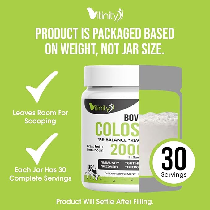 VITINITY Grass Fed Bovine Colostrum Powder for Humans - Natural IgG Colostrum Supplement for Gut Health Immune Support Muscle Recovery &amp Wellness | Pure Colostrum Superfood Unflavored (90 Grams