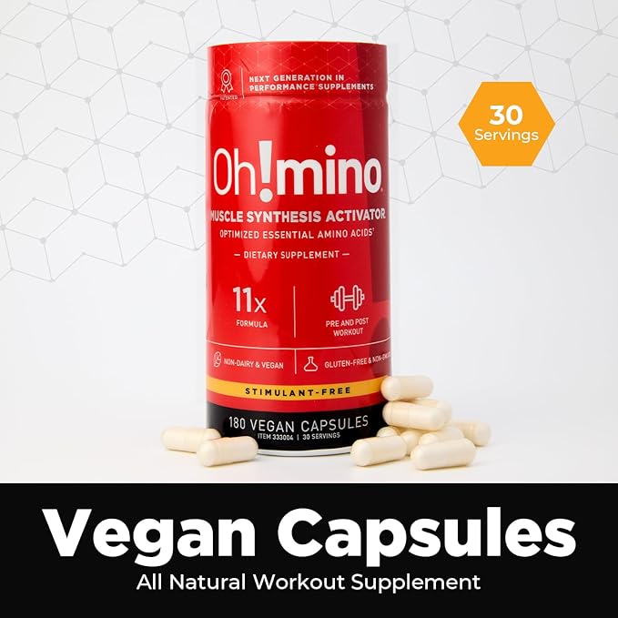 Oh!mino Essential Amino Acids Supplement Stimulant-Free Capsules All 9 EAAs BCAAs The Perfect Amino for Workouts Amino Energy and to Build Muscle and Recover Faster