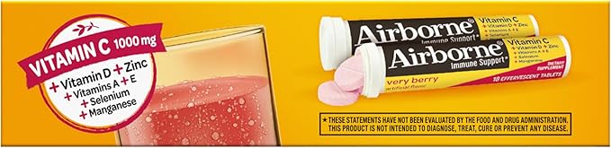 Vitamin C 1000mg (per serving) - Airborne Very Berry Effervescent Tablets (36 count in a box) Gluten-Free Immune Support Supplement With Vitamins A C E ZINC Selenium Echinacea &amp Ginger
