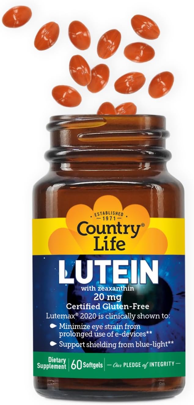 Country Life Lutein 20 mg Supplement - Certified Gluten-Free - Eye Health Support with Lutein and Zeaxanthin - Reduces Eye Strain from Screens - No Yeast Corn Wheat Milk - 60 Softgels
