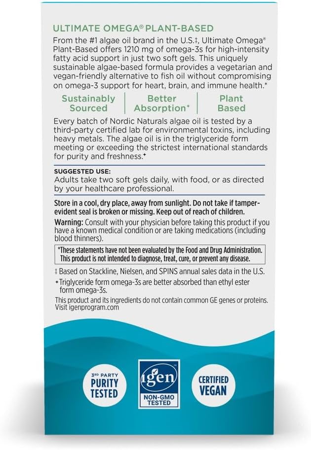 Nordic Naturals Plant Based Ultimate Omega Lemon Flavor - 60 Vegetarian Soft Gels - 1210 mg Omega-3 - Vegan EPA and DHA - Supplement Made from Algae - Brain &amp Heart Support - Non-GMO - 30 Serving