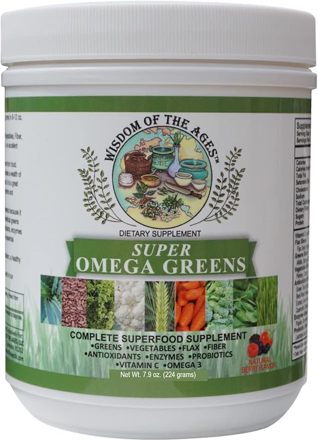 Super Omega Greens Complete Superfood Supplement with Greens Vegetables Flax Fiber Antioxidants Enzymes Probiotics Vitamin C and Omega 3-7.9oz Powder