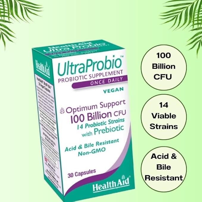 HealthAid UltraProbio 100 Billion 30ct Once Daily Capsules Optimum Support 100 Billion with Prebiotic Acid &amp Bile Resistant Non-GMO