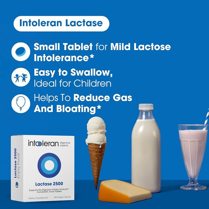 Intoleran Lactase 2500 Digestive Enzymes - 100 Tablet Dispenser | Supplement for Lactose Intolerance | Lactase Enzyme that Helps Digest Dairy &amp Lactose | Small Tablet &amp Ideal for Children | Ve